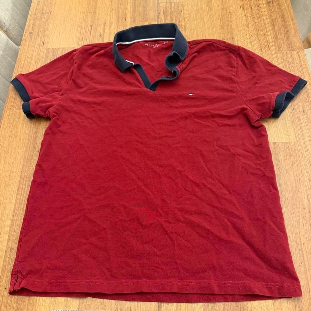 Tommy Hilfiger Large Red Navy Split V Neck Notch Collar Polo Shirt